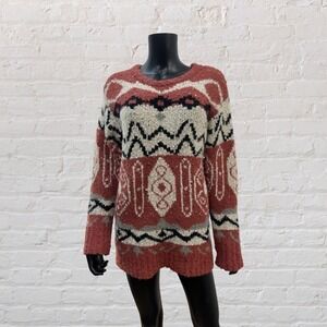 POL Aztec Boho Fuzzy Knit Sweater Women M‎ Oversized Cozy Tribal Pullover